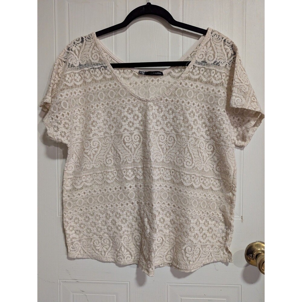 maurices Women's Lace Sheer Geometric Round Neck Top Short Sleeve Cream XL Boho
